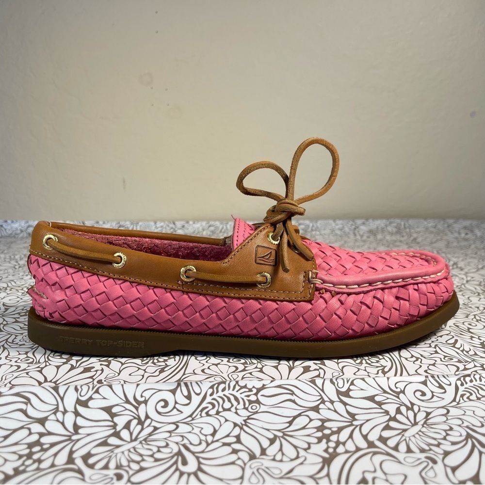 Sperry Top-Sider Pink Woven Leather Boat Shoes Slip-On Preppy Coastal